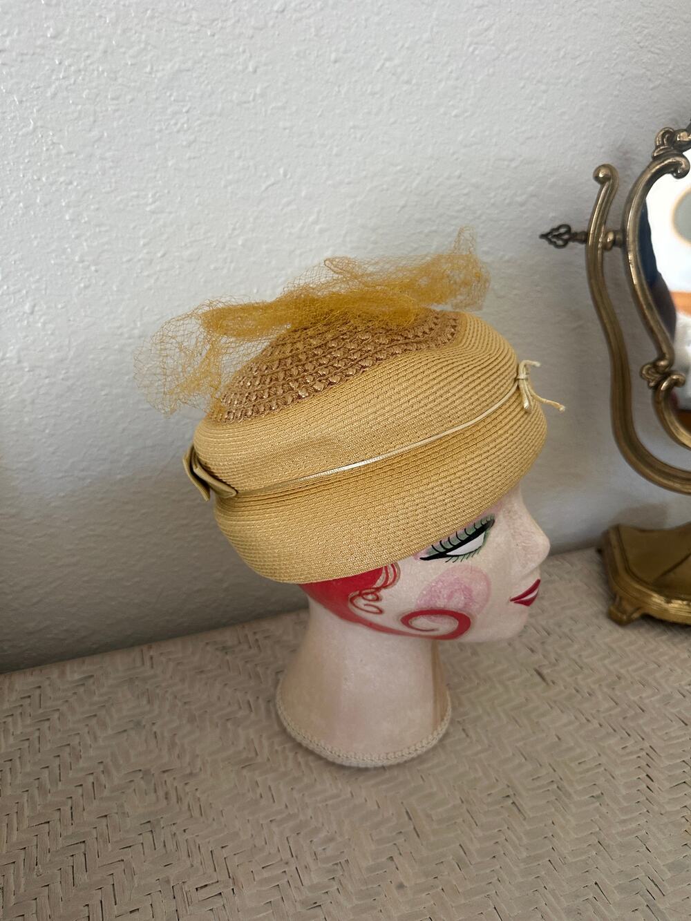 Vintage 1950s Summer Gold Woven Straw Hat with Bow and Netting